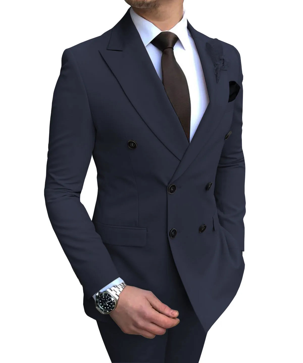 Men's two-piece slim fit wedding suit with straight collar and side slits, available in 15 colours and sizes XS to 5XL.