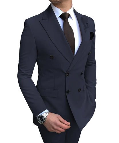 Men's two-piece slim fit wedding suit with straight collar and side slits, available in 15 colours and sizes XS to 5XL.