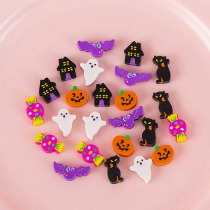 Assortment of 50 small cartoon erasers in pearlescent bags, showing fruit, animal, and holiday designs.