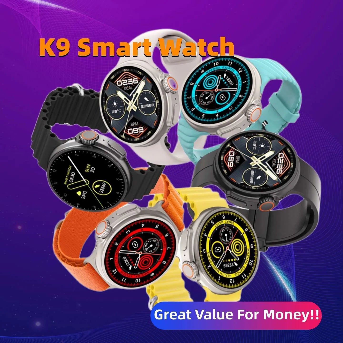 K9 smart watch with circular screen and silicone strap showing interface with health metrics