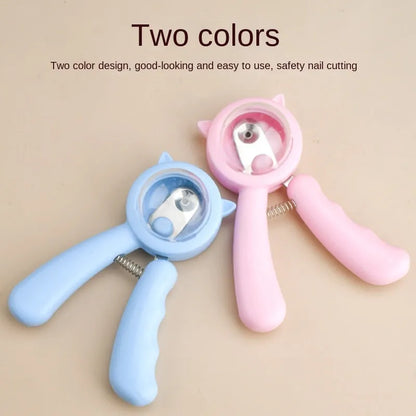 Blue pet nail clipper with stainless steel sickle blade and non-slip handle for dogs and cats.