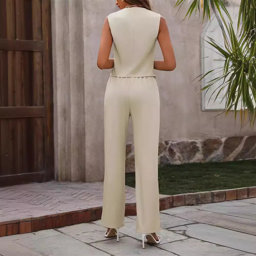 Women's summer commuter suit set in beige, featuring a sleeveless top and straight trousers