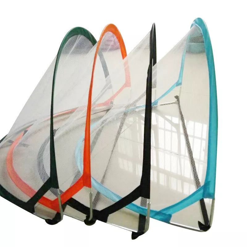 Foldable football net goal gate for soccer practice in black, orange, light blue, and red