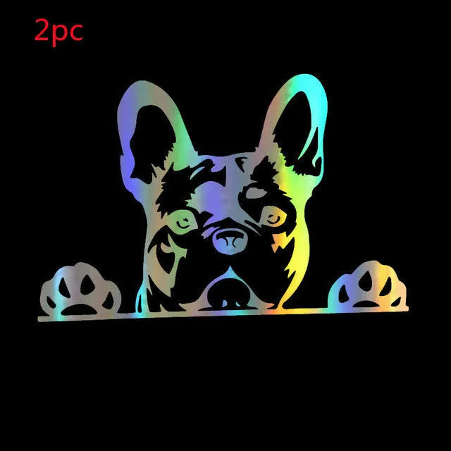 Two reflective dog pattern car stickers, 15.6cm x 10.4cm, pet material, black white colourful, for car body and rear window glass