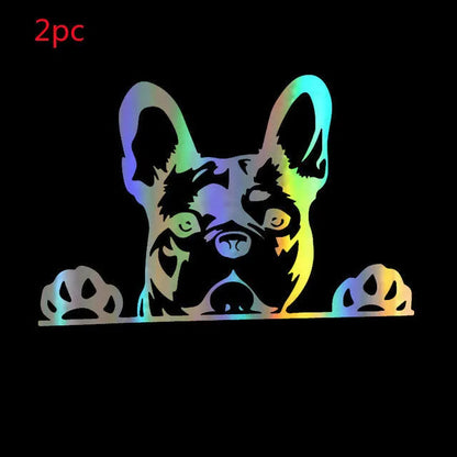 Two reflective dog pattern car stickers, 15.6cm x 10.4cm, pet material, black white colourful, for car body and rear window glass