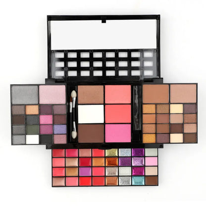 74 colour makeup palette open to show eyeshadows, lip glosses, and face powders with included brushes