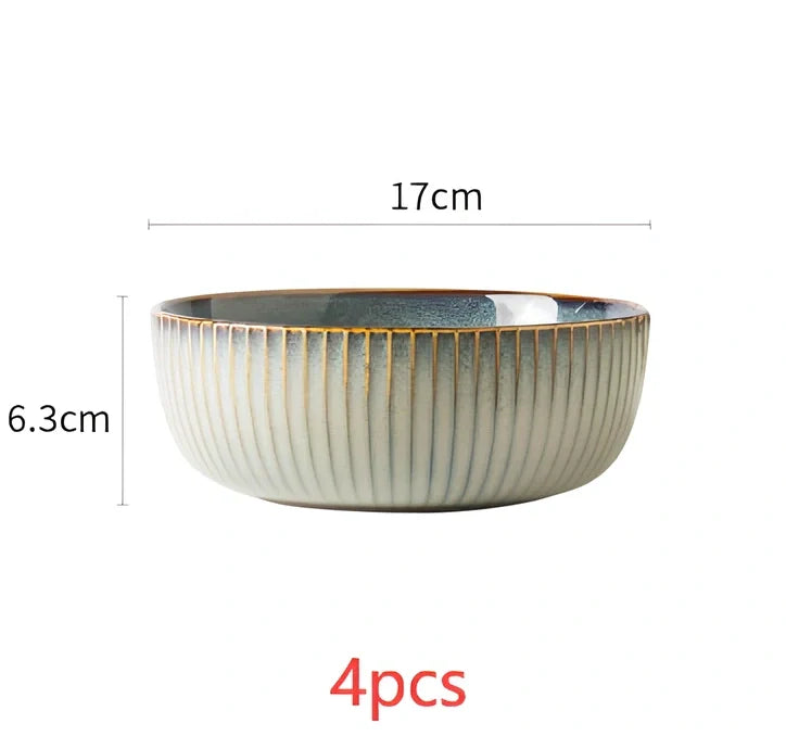 Nordic brown ceramic tableware set with four pieces including rice bowl, noodle bowl and two flat plates