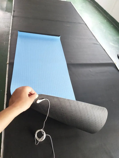 Blue conductive yoga mat with plants pattern, grounding wire, dimensions 182cm by 61cm.