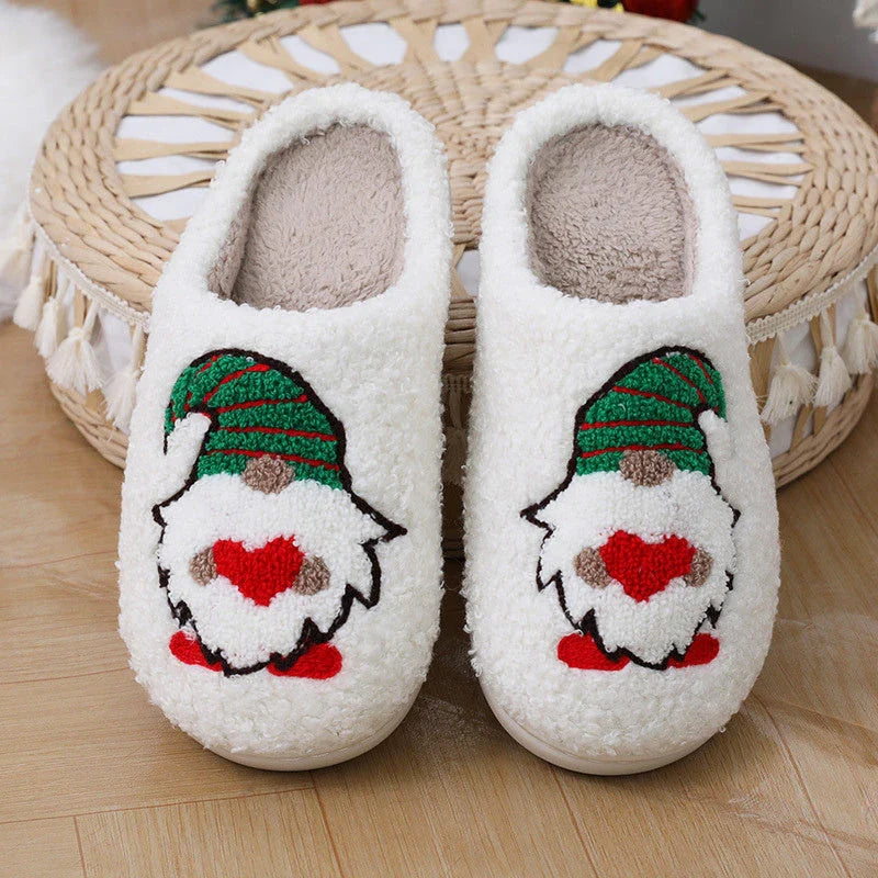 Cozy Santa Claus-themed plush slippers with soft, short-pile fabric and durable TPR soles for indoor wear and holiday cheer