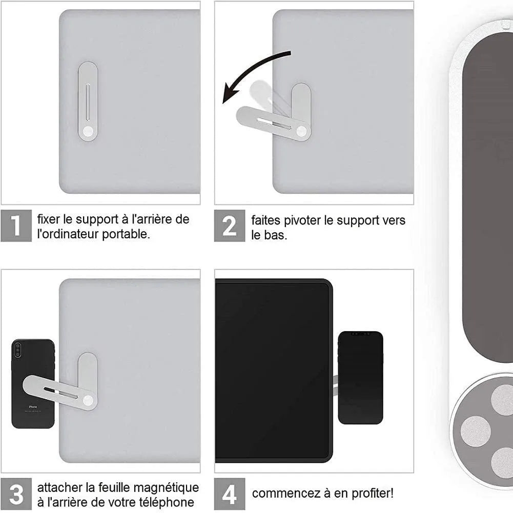 Silver aluminium alloy laptop side mount bracket holding a mobile phone next to a laptop screen.