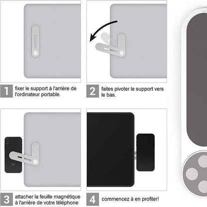 Silver aluminium alloy laptop side mount bracket holding a mobile phone next to a laptop screen.