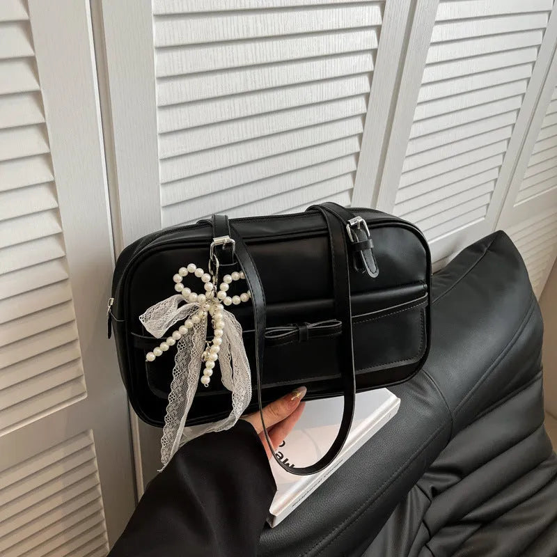 PU single-shoulder flap bag in horizontal square shape with mobile phone compartment and bow decorations