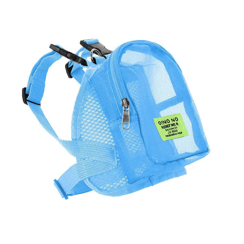Blue breathable dog backpack with mesh panels and adjustable straps for pet transport