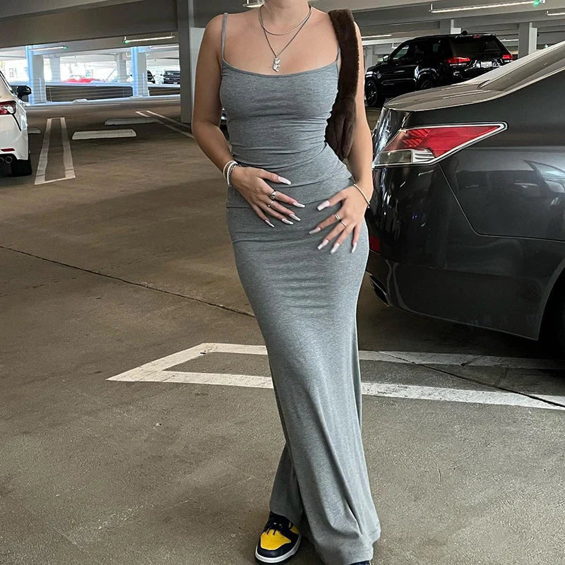 Women's slim bodycon spaghetti strap long dress in various colors
