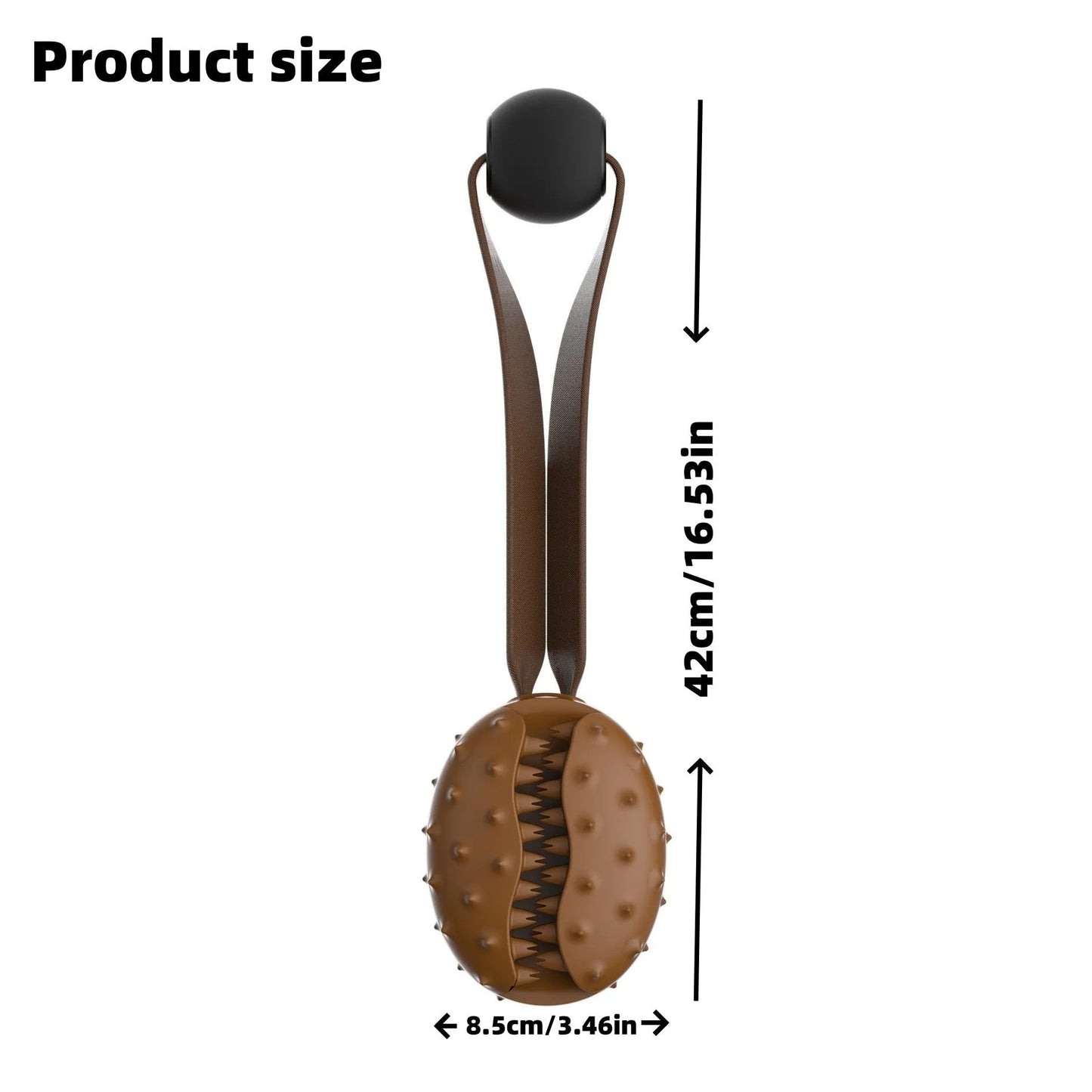 Coffee bean shaped brown TPR rubber dog chew toy with a white knotted rope attached.