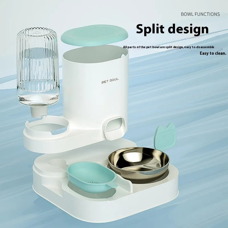 Automatic cat feeding water fountain with integrated double bowl in avocado green colour, dimensions 27x27x24cm