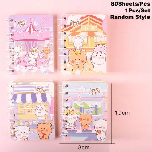 Coil-bound pocket notebook with cloth cover, compact 105x80mm size, 80-page general notebook with screw binding, available in six themed designs including Happy Hour, Magic Bear, and Munda Girl patterns