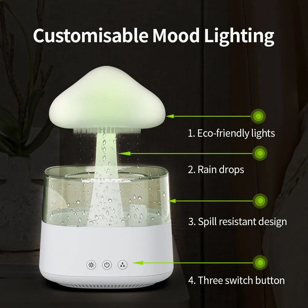 Wood grain raining cloud desk humidifier with essential oil diffuser and night light feature