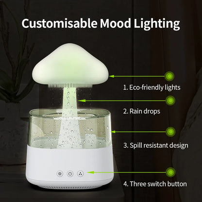 Wood grain raining cloud desk humidifier with essential oil diffuser and night light feature