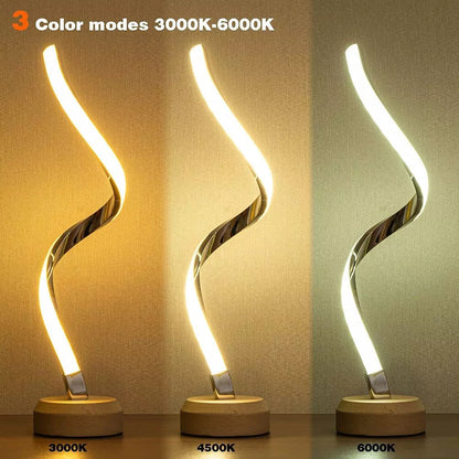 LED Spiral Table Lamp with wooden base and dimmable warm white light