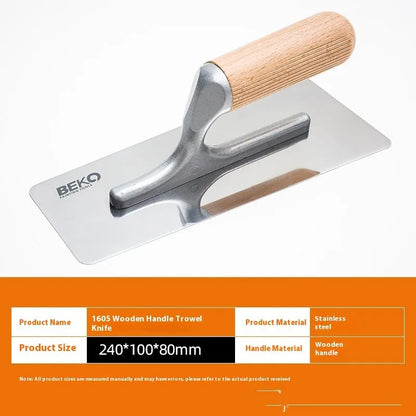 Stainless steel putty scraper with a wooden handle, shown with different blade size options for floor and wall work.