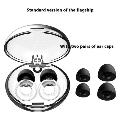 A pair of noise reduction sleep earplugs in a choice of colours, shown with a storage box and spare silicone ear caps.