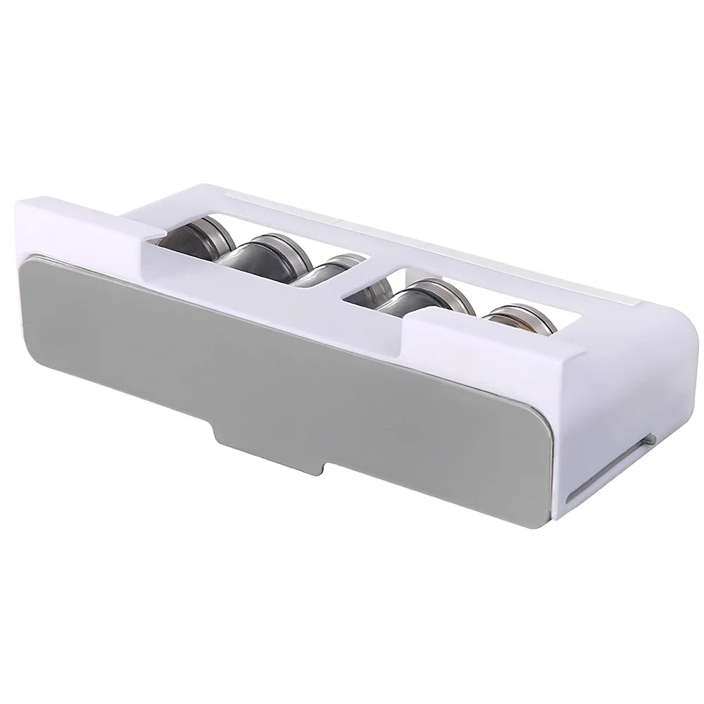 Gray kitchen storage rack with six seasoning bottles mounted on wall using punch-free adhesive system