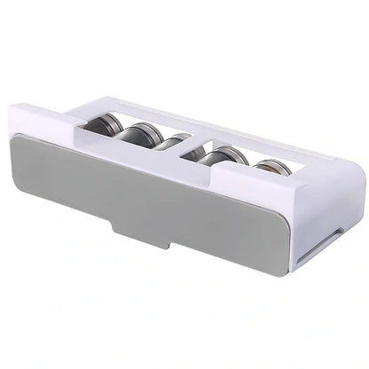 Gray kitchen storage rack with six seasoning bottles mounted on wall using punch-free adhesive system