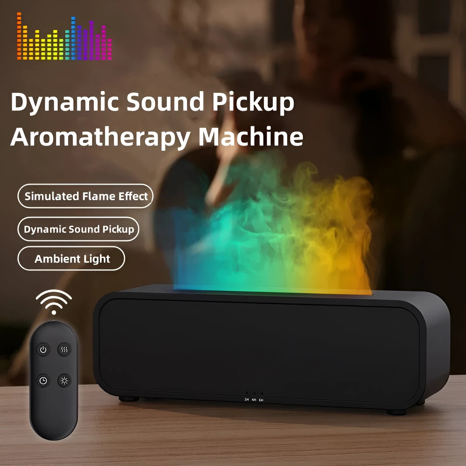 Black Flame Dynamic Aroma Diffuser with colour-changing lights and remote control on a table.