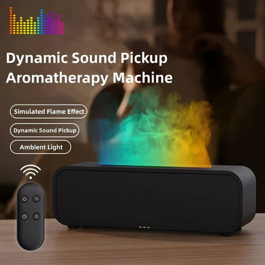 Black Flame Dynamic Aroma Diffuser with colour-changing lights and remote control on a table.