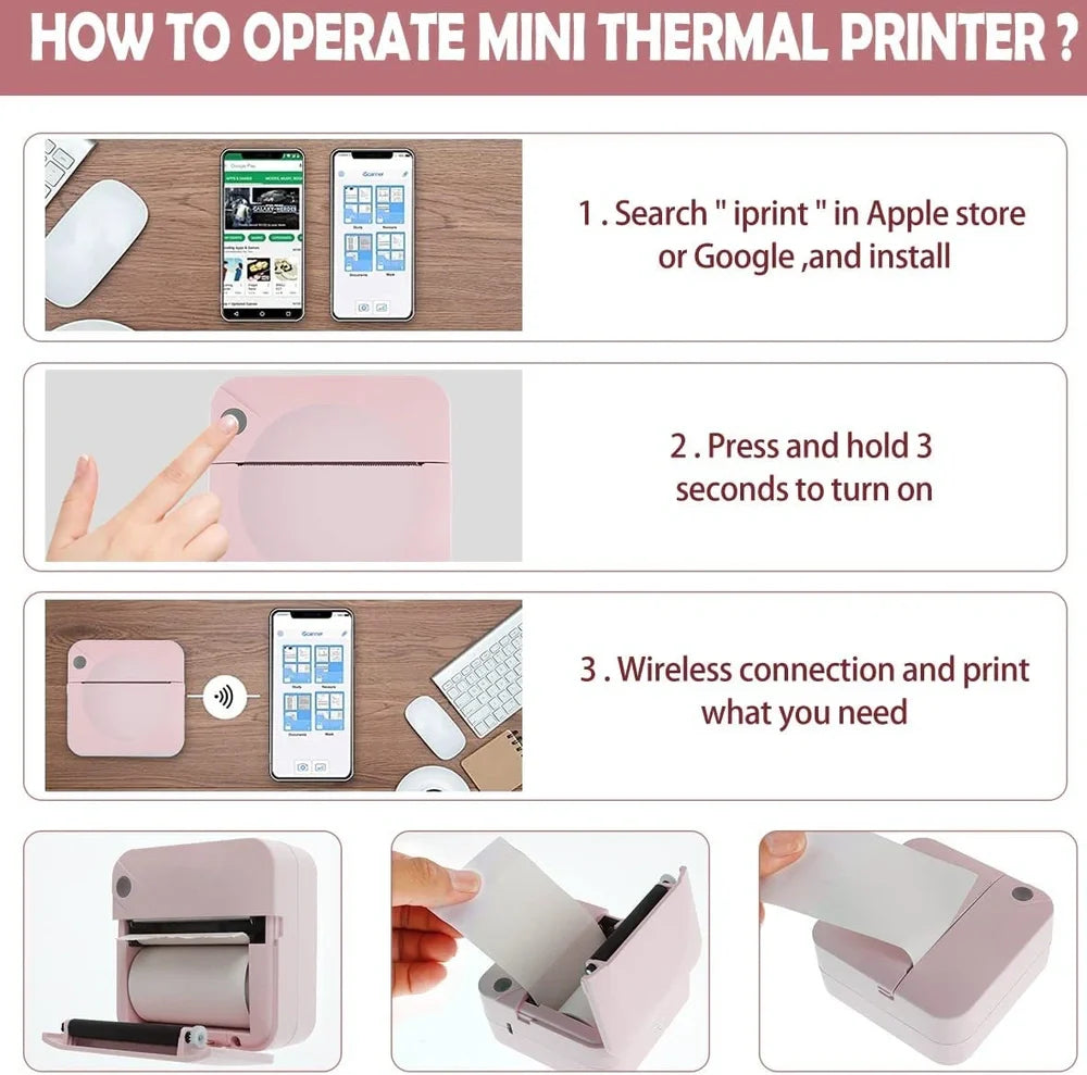 Blue mini thermal printer measuring 80x80x35mm with Bluetooth connectivity for student study organisation