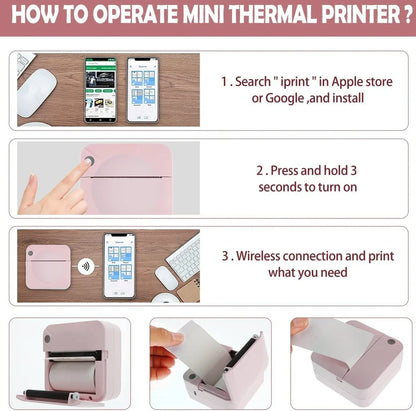 Blue mini thermal printer measuring 80x80x35mm with Bluetooth connectivity for student study organisation