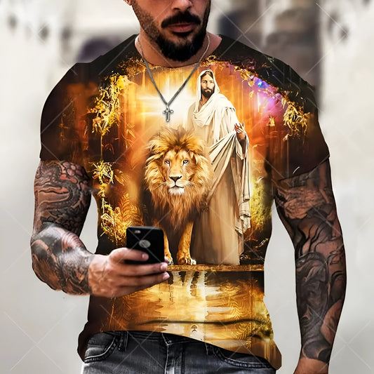 Man wearing a grey T-shirt with a raised 3D printed Jesus design on the chest.