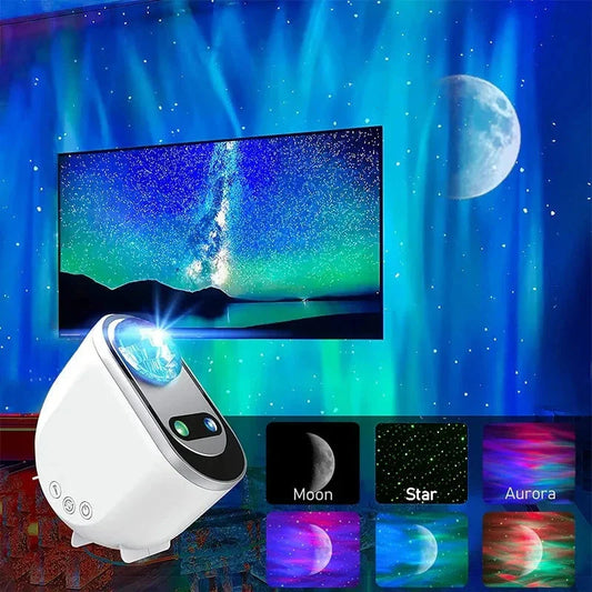 Celestial Galaxy Star Projector with Northern Lights, green stars, and moon projection for home decor