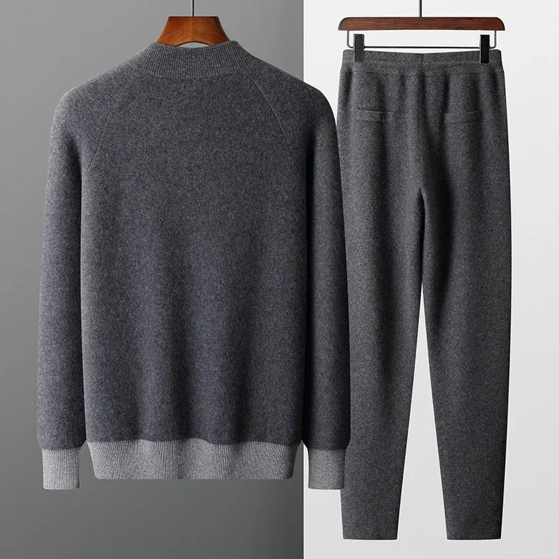 Men's navy blue cashmere wool blend cardigan suit with half turtleneck and zip front