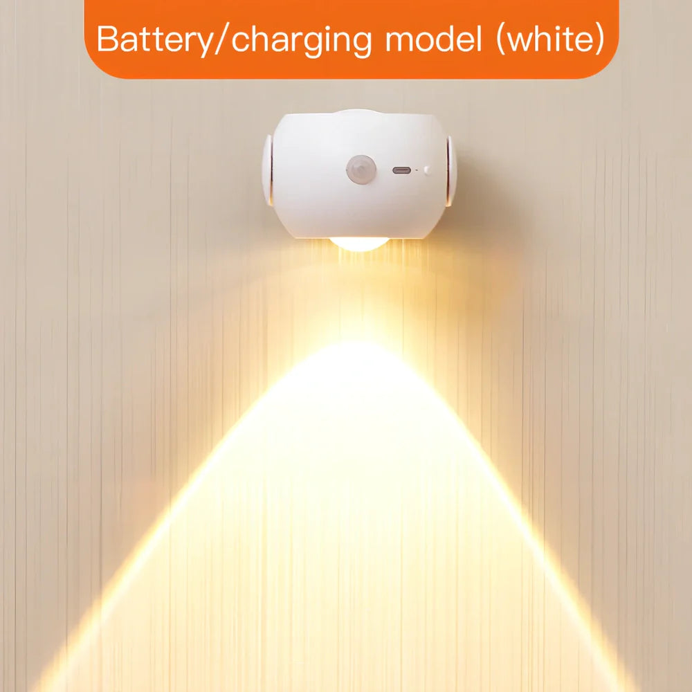 Adjustable angle human sensing wall light with rotating head and adhesive mounting for corridors