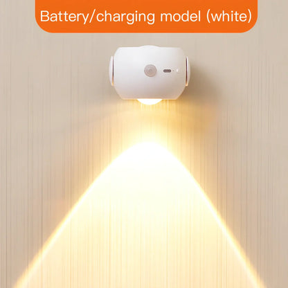 Adjustable angle human sensing wall light with rotating head and adhesive mounting for corridors