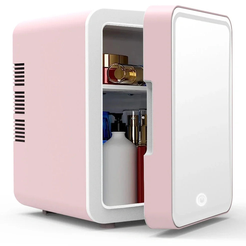 Pink mirrored mini refrigerator with LED interior lighting for beauty products