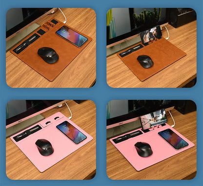 320x260mm wireless charging mouse pad with phone holder in black, brown, grey or pink