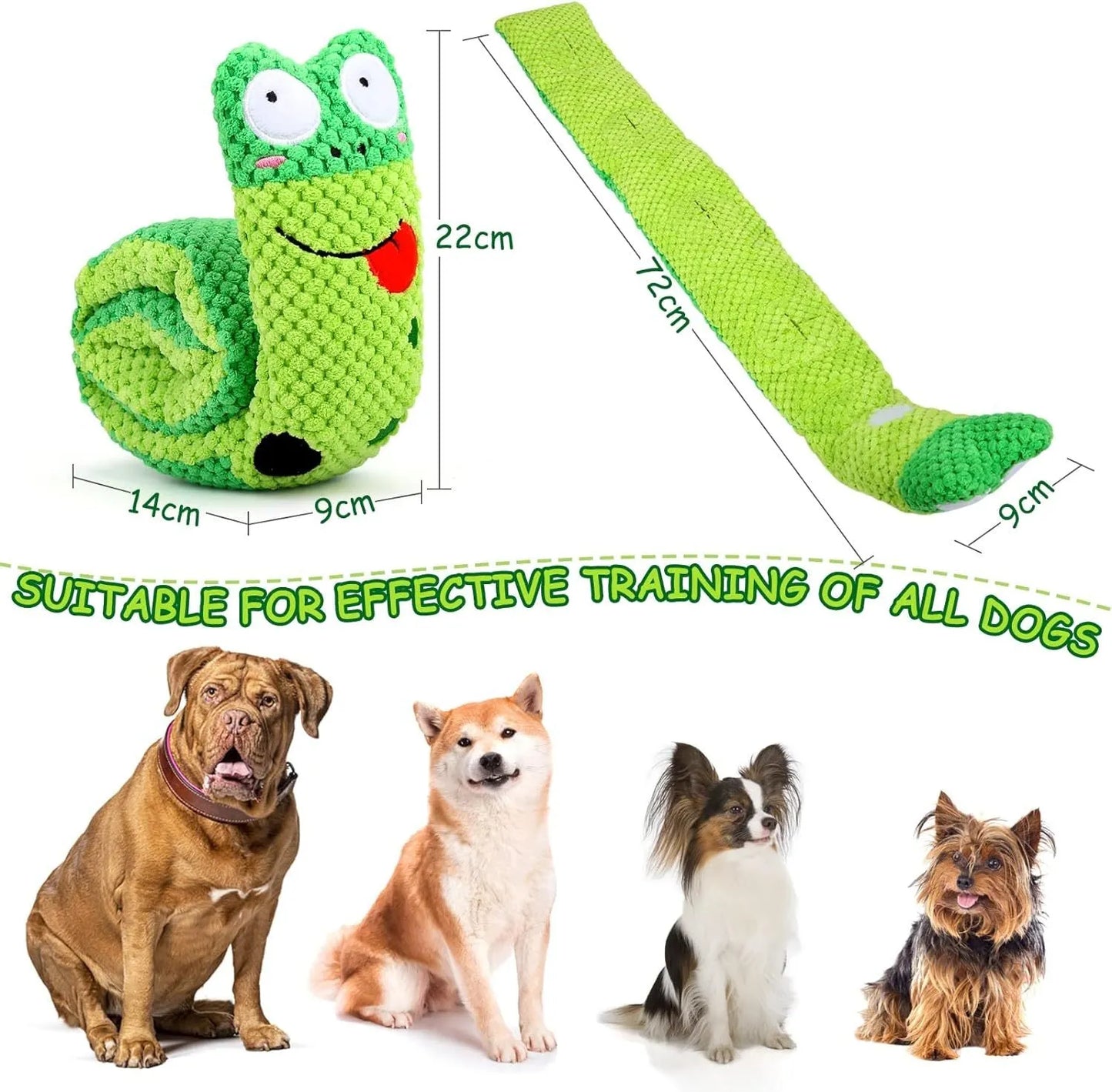 Squeak dog toy in snail or stick shape with hidden food holes for foraging training, measuring 7.5 cm by 7.2 cm