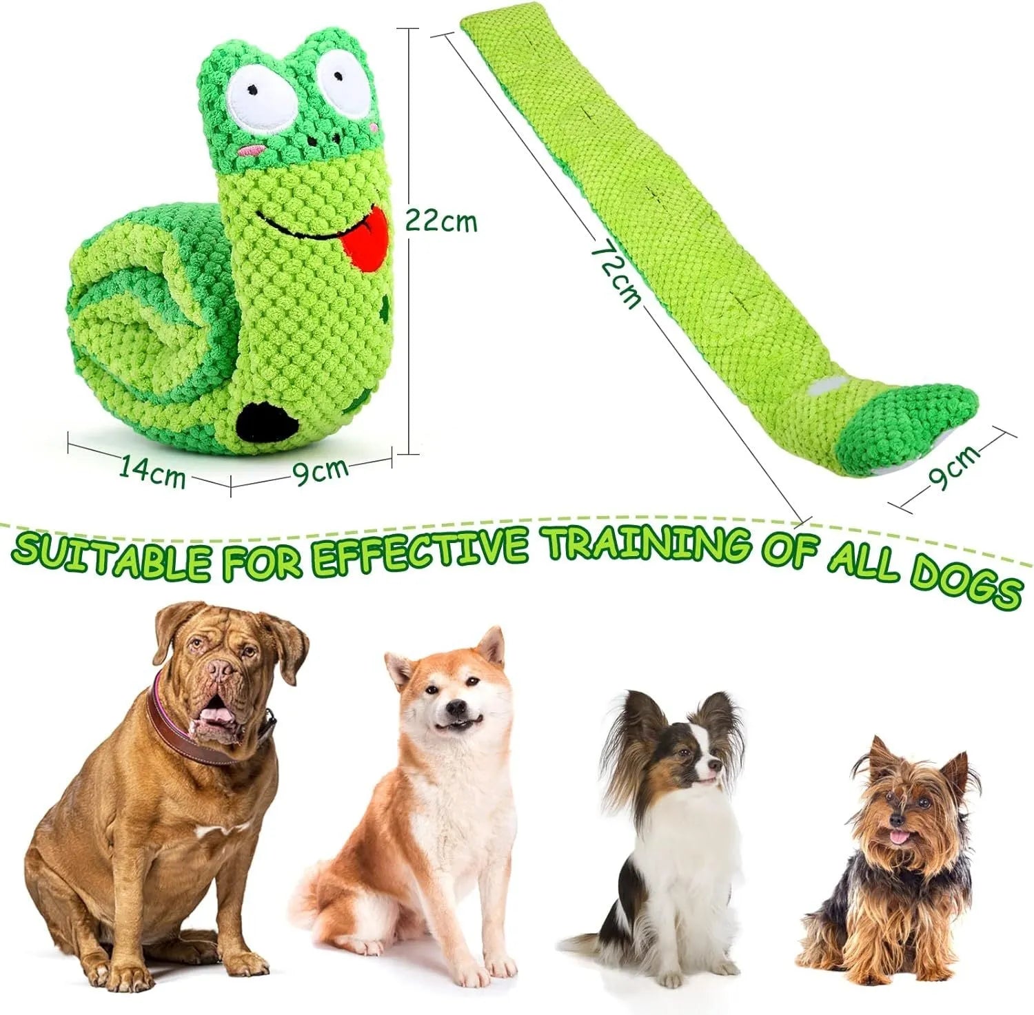 Squeak dog toy in snail or stick shape with hidden food holes for foraging training, measuring 7.5 cm by 7.2 cm