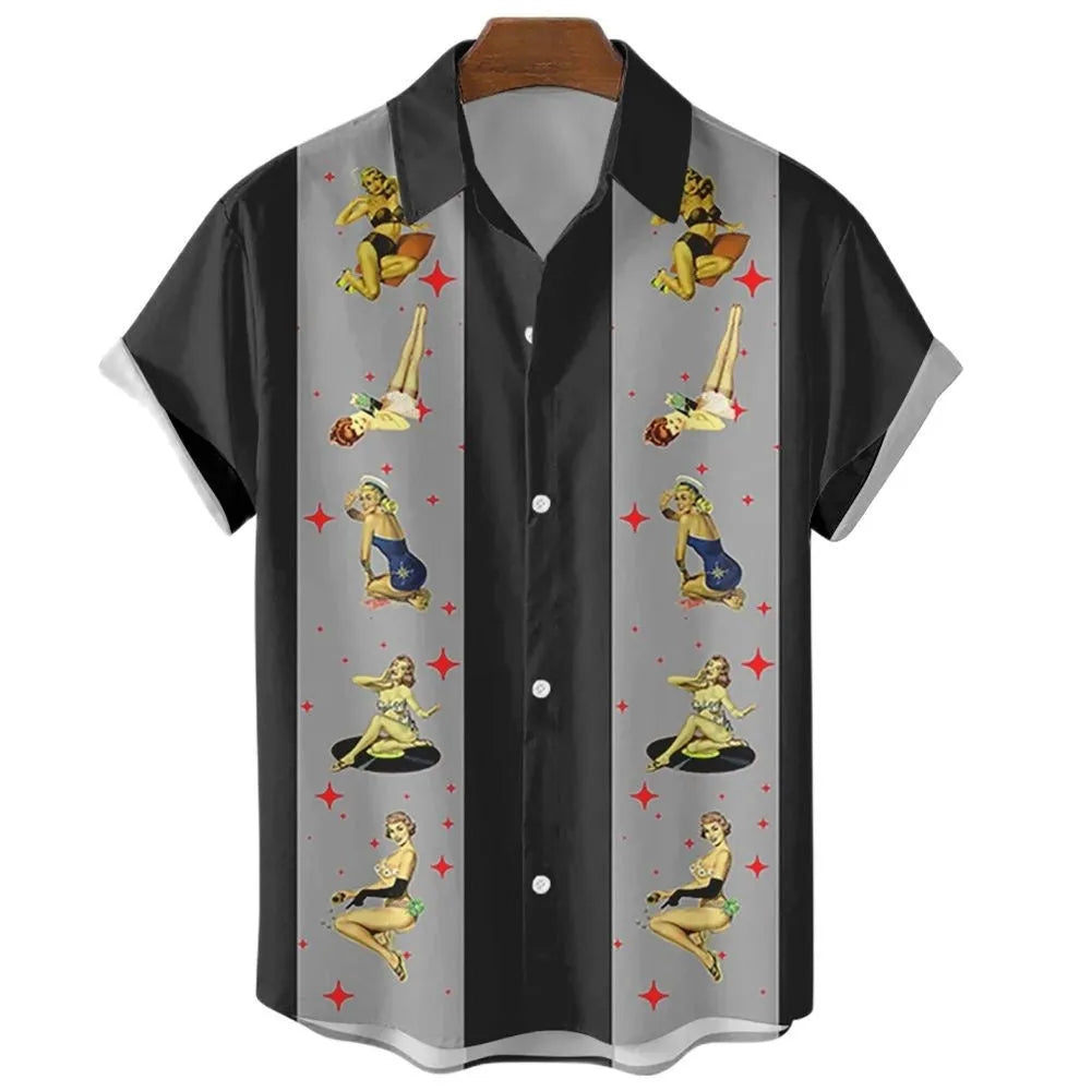 Man wearing a striped short-sleeve Hawaiian shirt with a button-up front in a casual setting.