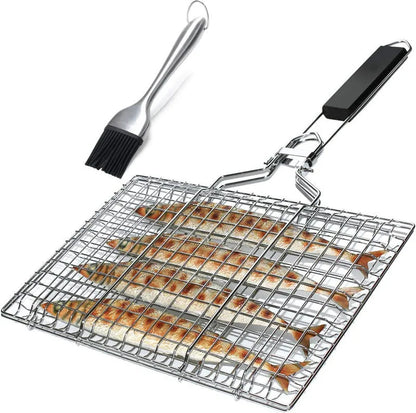 Stainless steel square barbecue mesh basket folded with cleaning brush for outdoor grilling