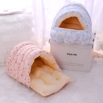 Closed winter cat nest with floral pattern, showing removable design and soft cloth fabric.