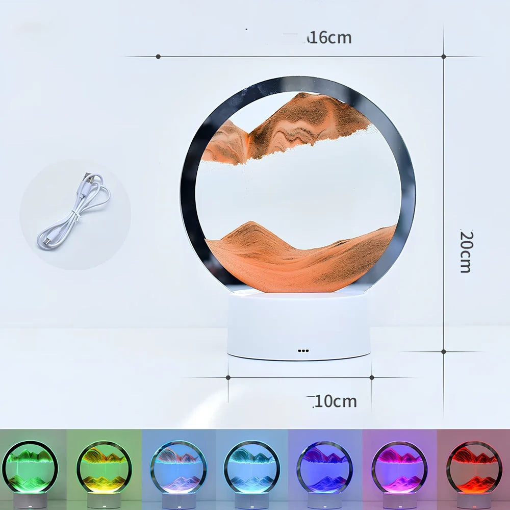 Desktop hourglass lamp with colourful LED lighting illuminating flowing quicksand patterns