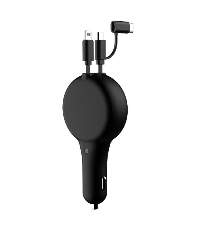 Black retractable car charger with extended cables showing three charging heads for Type-C, iPhone, and USB devices