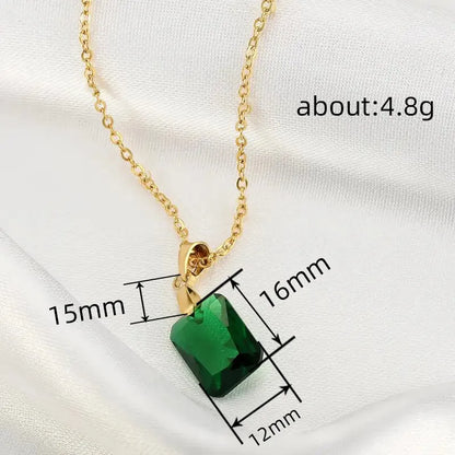 Copper rectangular pendant necklace with geometric quadrilateral design and O-ring chain in green colour