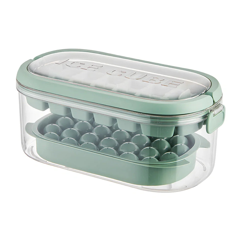 Portable ice box with silicone grid producing 54 ice cubes, showing beige and fresh green colour options