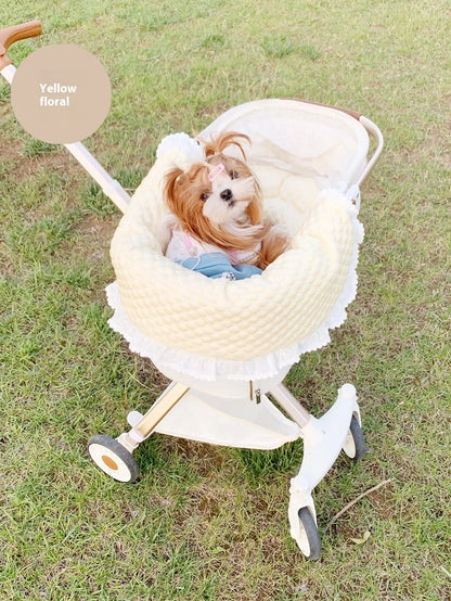 Pet stroller anti-dirty towel cushion pillow three-piece set in pure cotton, showing removable pads for cats and dogs