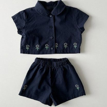 Children's floral shorts set in pink with short sleeves and matching shorts